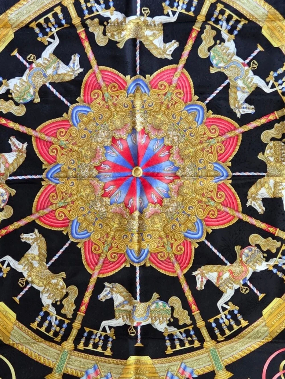 Hermes MINT Luna Park Silk Scarf 90cm/ 35" Black Carousel Horses Gold Pink Blue - Picture 4 of 17